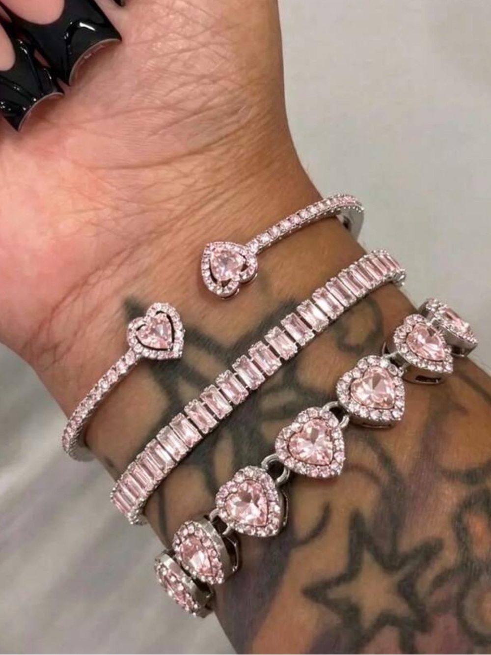 Rose Pink Crystal Heart Bracelet Stack for Women